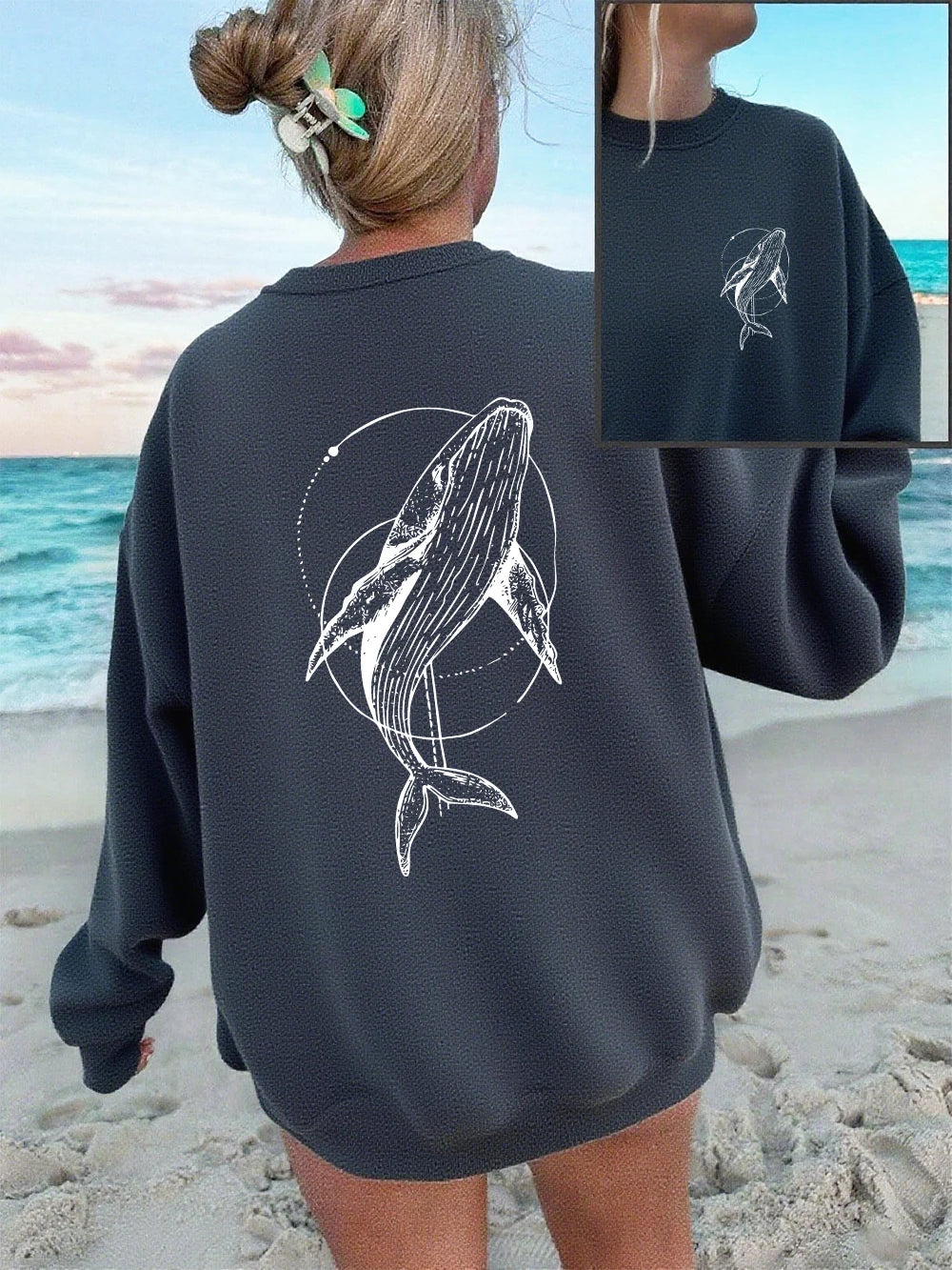 Humpback Whale Printing Sweatshirts Women Casual Crewneck Hoodies Winter Fleece Warm Pullover Loose Comfortable Womans Clothes.