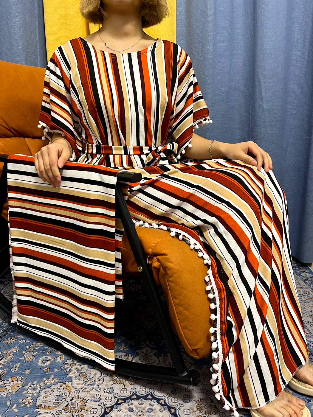 Abayas For Women 2024 Printed Vertical Stripe Tassels Elasticity Loose Fit Femme Robe African Woman Dresses With Belt Headscarf