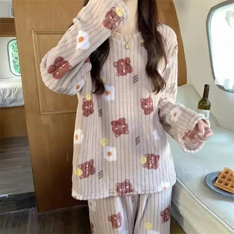 2-teiliges Set, warme Nachtwäsche für Damen im Winter, bedruckter Bär, Korallensamt-Pyjama, Studenten-Flanell-Loungewear, Rundhals-Nachtwäsche.