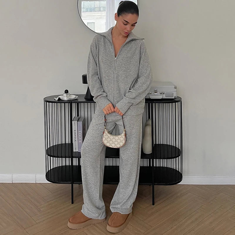 Tornova Zipper Strickjacke Pullover Anzug Weibliche Gestrickte Langarm Casual Mantel Breitbeinig Hosen Pullover frauen Zwei Stück Set