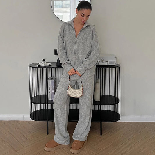 Tornova Zipper Strickjacke Pullover Anzug Weibliche Gestrickte Langarm Casual Mantel Breitbeinig Hosen Pullover frauen Zwei Stück Set