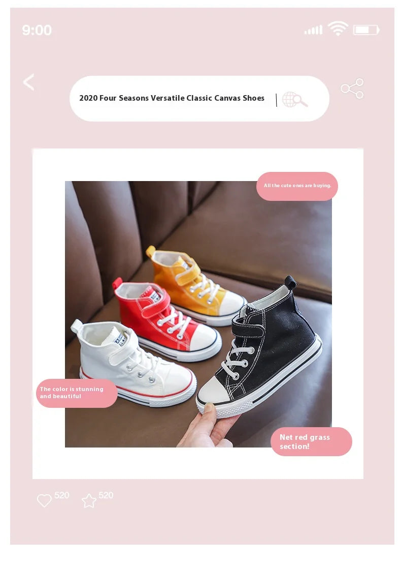 Children Canvas Shoes High-Top Boys and Girls Shoes White Board Shoes Small White Shoes New Kindergarten Baby Cloth Shoes.