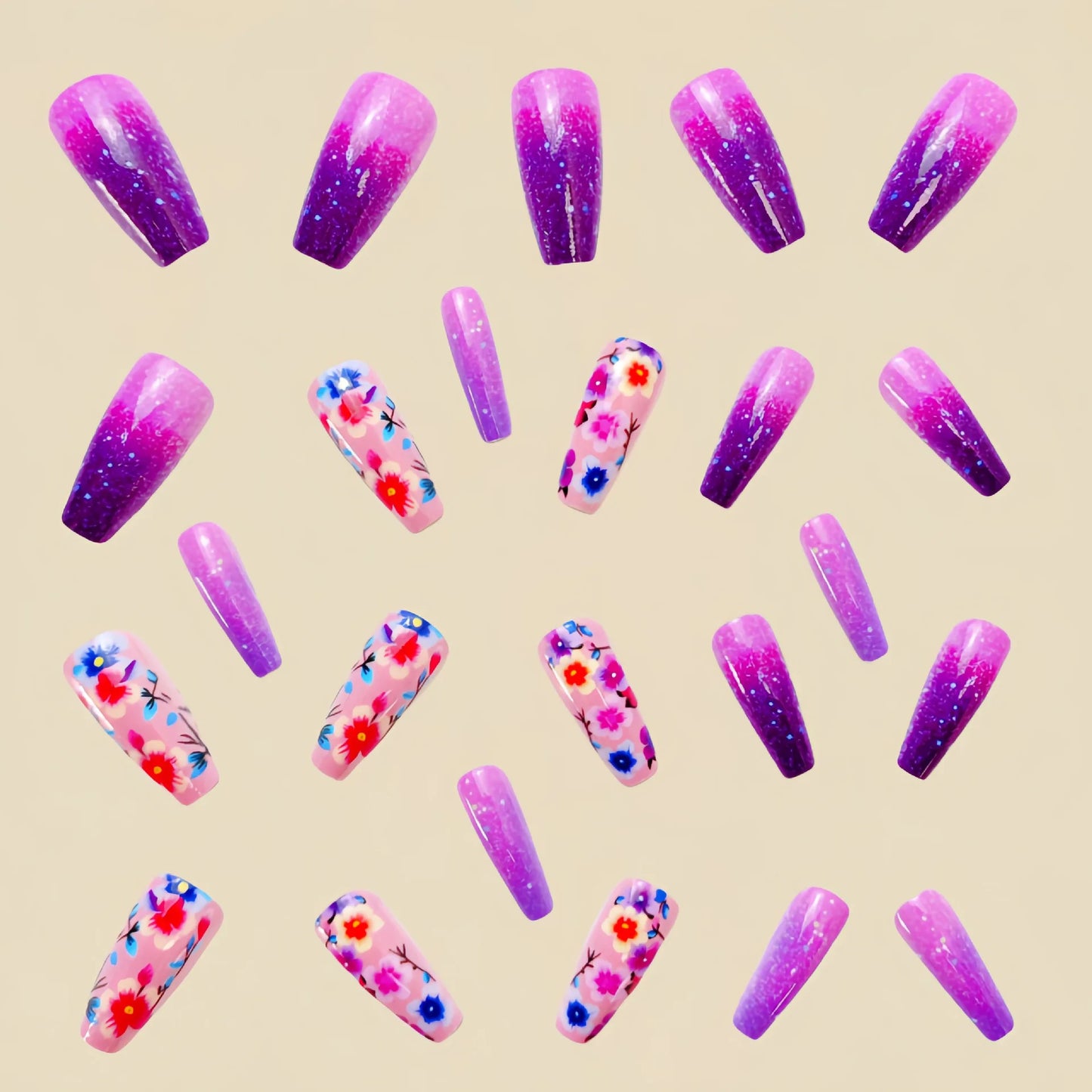 24pcs/set short medium long fake nails for Spring summer season gradient peach flowers butterfly heart press on false nail art