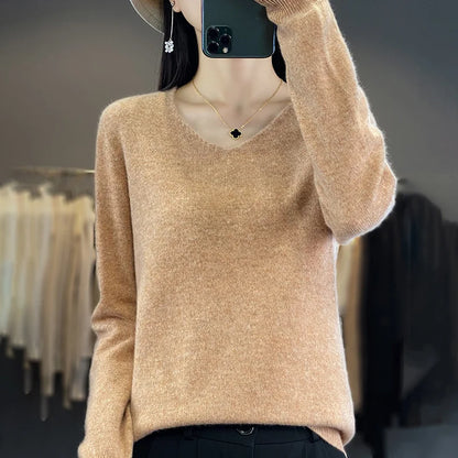 Women 100% Merino Wool Sweater V-Neck Basic Pullover Autumn Winter Cashmere Clothing Long Sleeve Soft Knitwear Tops Solid Color.