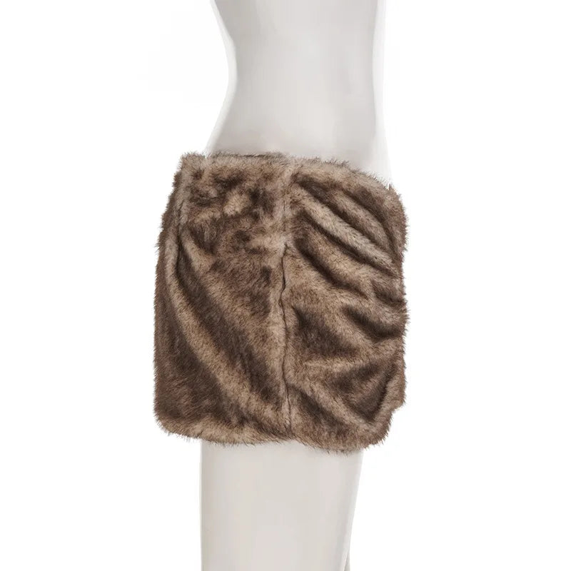 Faux Fur Bodycon Mini Skirts 2025 Fall Winter Women Fashion Sexy Low Waist Hipster Furry Night Clubwear Bottoms Streetwear Skirt.