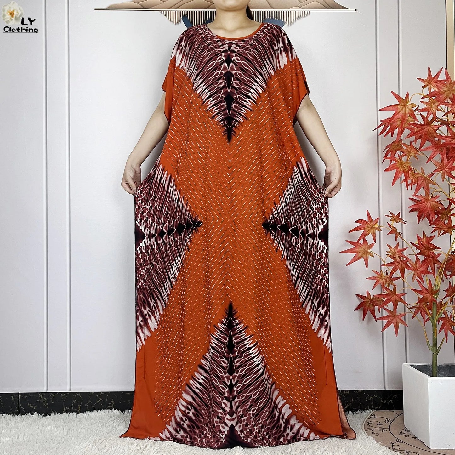 2024 New Muslim Women Dashiki Printed Dress Flower Diamonds Loose Dress With Big Scarf Islamic African Women Short Sleeve Abaya