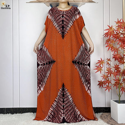 2024 New Muslim Women Dashiki Printed Dress Flower Diamonds Loose Dress With Big Scarf Islamic African Women Short Sleeve Abaya