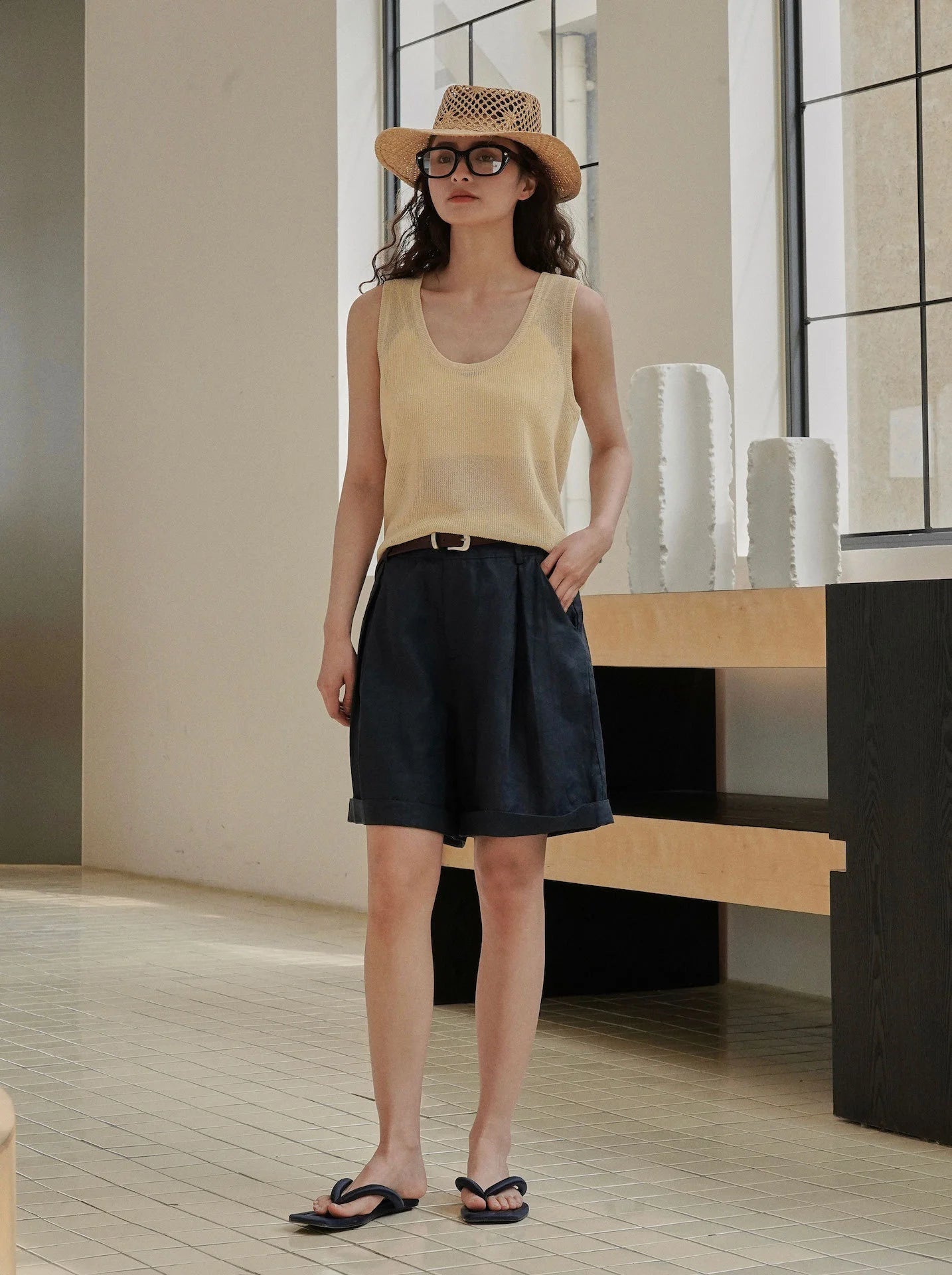 Summer Korea Style Lazy Linen Curled Bermuda Shorts Wide Leg Loose Slim Casual Hot Pants For Women