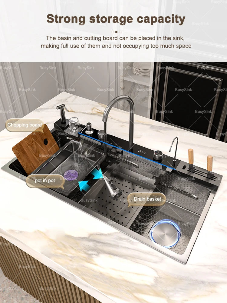 Stainless Steel Kitchen Sink Waterfall Wash Vegetables Basin Intelligent Digital Display Faucet Dish Wash Bowl Large Single Slot
