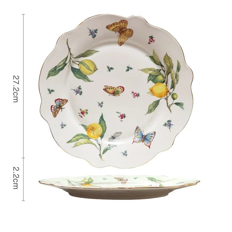 Europeanc Style Ceramic Dining Plate Elegant Lemon Pattern Dinner Steak Plate Coffee Cup Set Western Cuisine Dessert Plate.