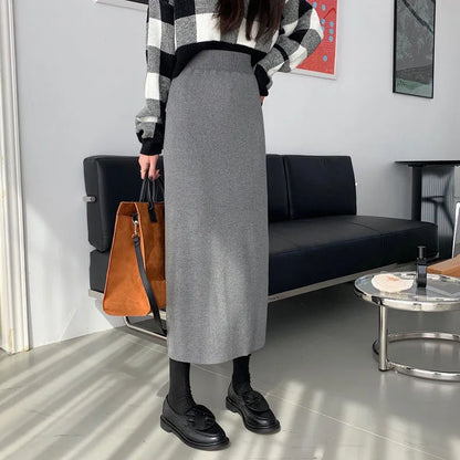 Temperament Black Slim Fit Long Skirt Women High Waist Knitted Straight One-Step Skirt Korean Fashion Office Lady Pencil Skirts.