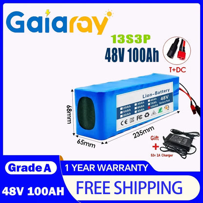 Gaiaray 2025 New 48V 100Ah 2000W 13S3P DC/T Lithium Ion Battery Pack Suitable for 48V motors with BMS+54.6V Charger.
