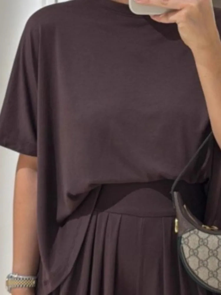 Casual T Shirt Short Sleeved Women's Top 2 Piece Set Summer Elegant Fashion Loose High Waist Wide-leg Trousers Female Pants Sets.