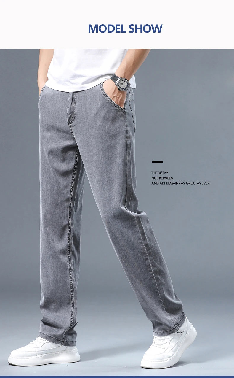 Summer Thin Men's Loose Straight Jeans Lyocell Soft Drape Business Casual Trousers Classic Smoke Gray Brand Ice Silk Pants.
