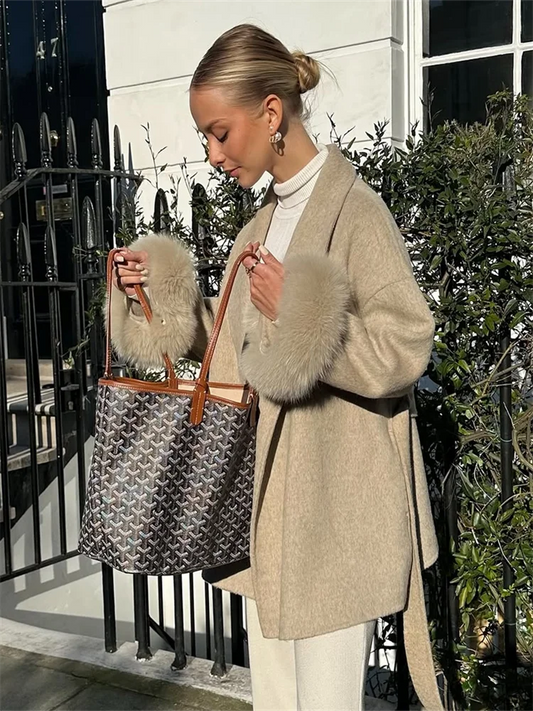 Frauen Mäntel Elegante Revers Plüsch Mit Gürtel Faux Pelz Hülse Tweed Offenen Mantel Weibliche 2025, Herbst Winter Mode Dame streetwear