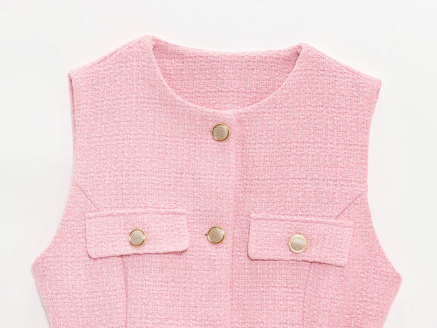 TRAFZA Frauen Elegante Solide Gürtel Westen Tops O Neck Metall Taste Ärmellose Weste Büro Dame Oberbekleidung Casual Blazer Tops.