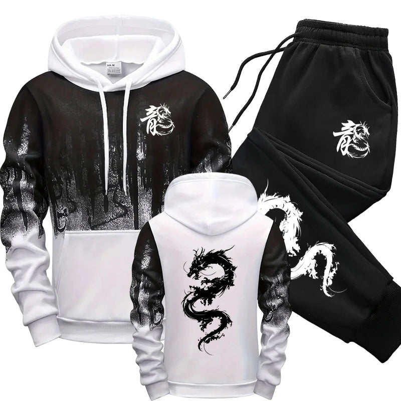 Chinese Dragon Tracksuit Hooded Sweatshirt Sweatpants City Vibe Hoodie 2 Piece Set Autumn Winter Men's Daily Casual Sport Outfit.