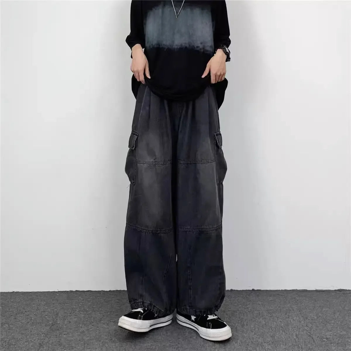 Japanese Vintage Wide-leg Pocket Cargo Pants Men's Autumn/winter New Trendy Brand Ins Unisex Loose Fit Straight Leg Jeans.