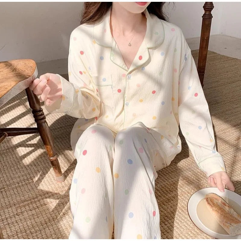 Koreanische Farbige Wavelet Dot Nachtwäsche frauen Herbst Lange Ärmeln Set Kleine Frische Hause Kleidung Lose Internationale Student Pyjama.