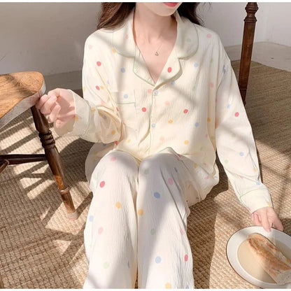 Koreanische Farbige Wavelet Dot Nachtwäsche frauen Herbst Lange Ärmeln Set Kleine Frische Hause Kleidung Lose Internationale Student Pyjama.