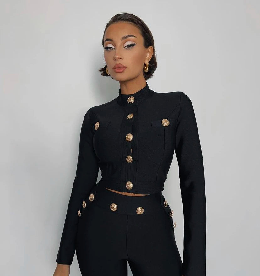 New Autumn Style Black Color Women Long Sleeve Button Rayon Bandage Coat Pants Fashion Women's Set High Street Celebrate Wear.