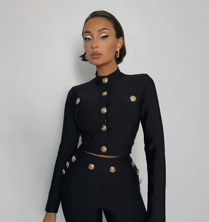 New Autumn Style Black Color Women Long Sleeve Button Rayon Bandage Coat Pants Fashion Women's Set High Street Celebrate Wear.