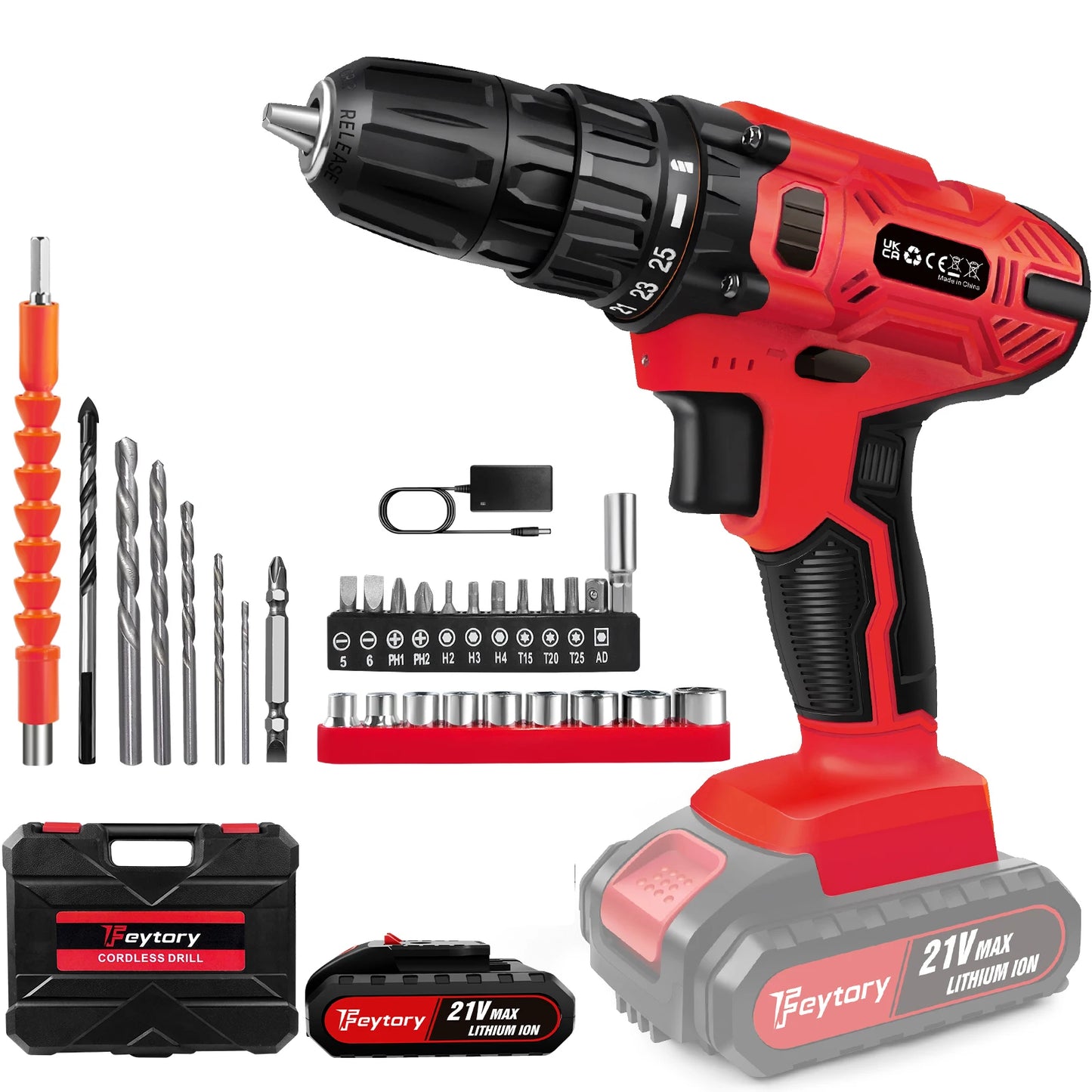 BRIEFNESS 21 V Akku-Bohrschrauber, 45 Nm, Elektroschrauber, Schnellspannbohrfutter, 2 Gänge, Geschwindigkeit, kabelloses Power-Treiber-Set mit Tragebox