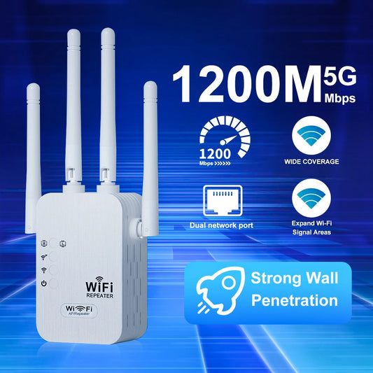 1200Mbps 5G Wireless WiFi Repeater 300Mbps 2.4G WiFi Extender Network Signal Booster Long Range WiFi Booster for Small Office.