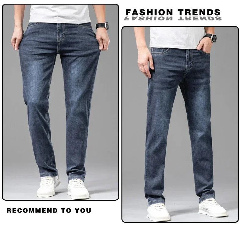 Summer Thin Men's Elastic Cotton Jeans Fashion Gray Comfortable Business Straight Casual Pants Brand Male Clothes Trousers.