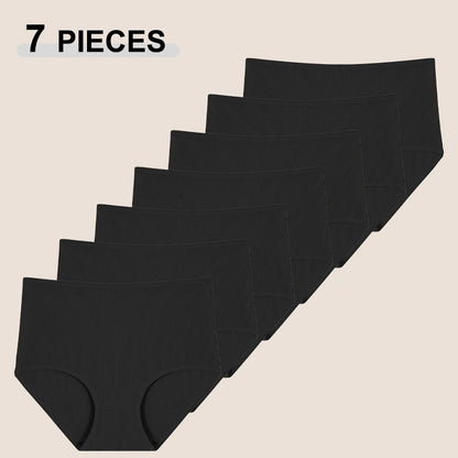 7Pcs Women's Cotton Panties Solid Color Plus Size Briefs Female Mid Waist High Elastic Underwear Cozy Breathable Lingerie S-2XL