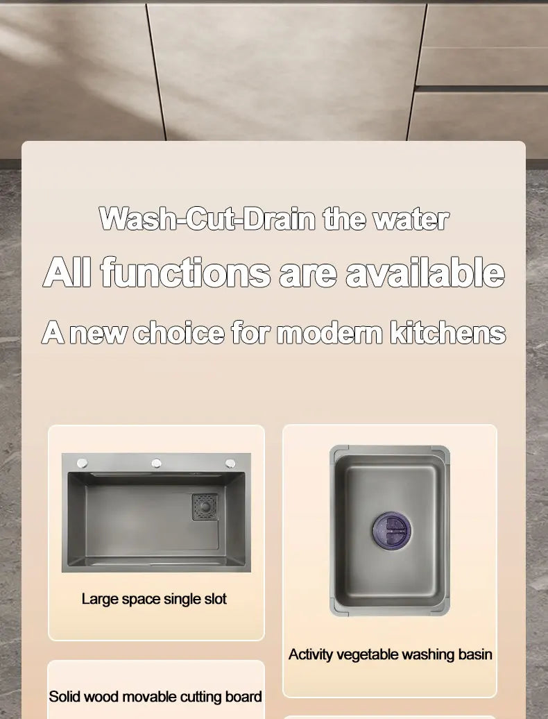 Thickening 304 stainless steel nano-coated Kitchen Sink Large-Capacity Single Sink Wear-Resistant Grey tank