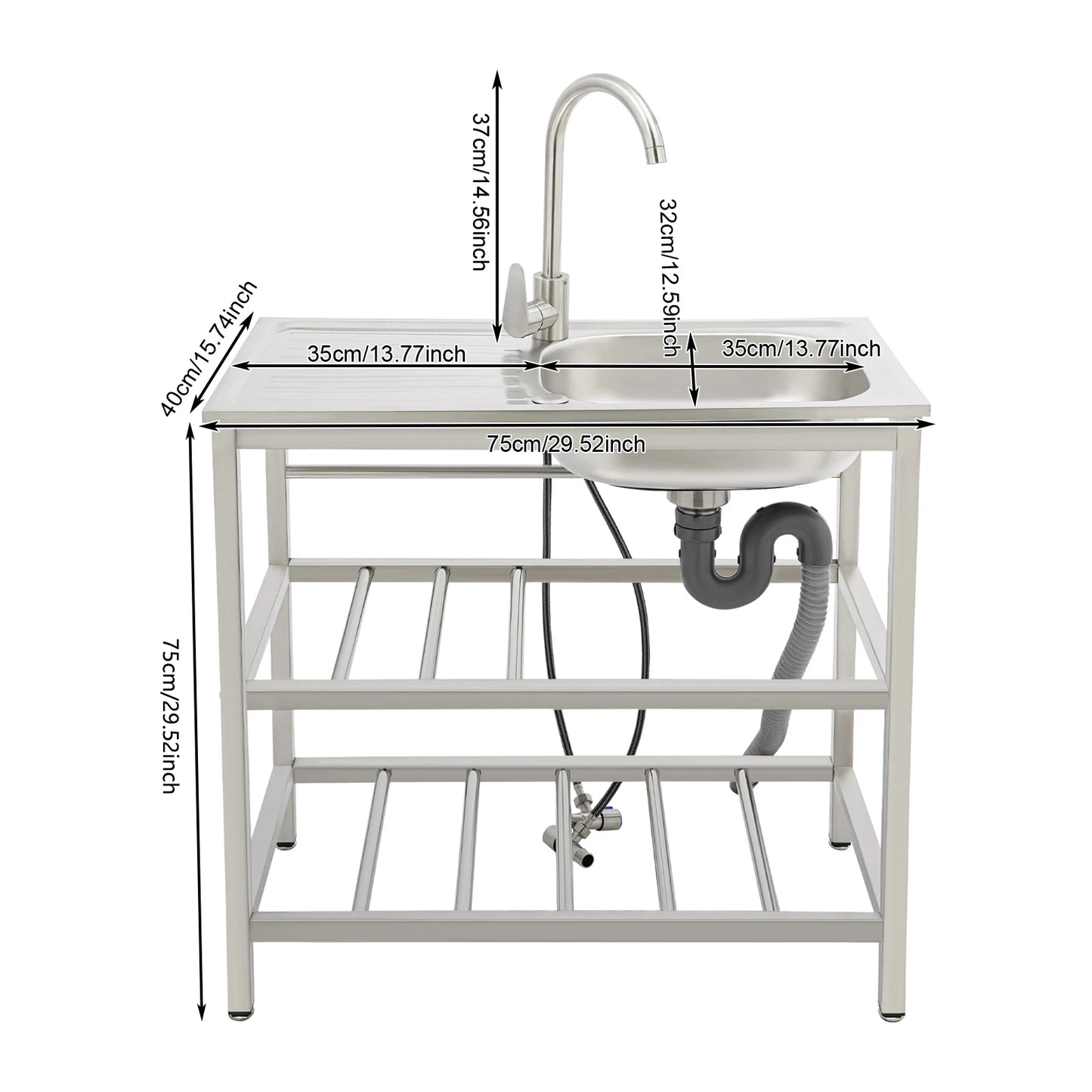 Freistehendes Waschbecken aus Edelstahl mit 2-stufigem Boden, Aufbewahrungsregal für die Küche, Outdoor-Spüle mit Facut-Handwaschstation