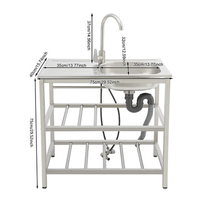 Freistehendes Waschbecken aus Edelstahl mit 2-stufigem Boden, Aufbewahrungsregal für die Küche, Outdoor-Spüle mit Facut-Handwaschstation