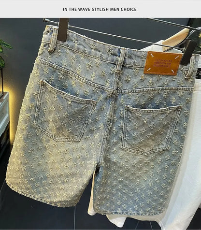 Retro American Casual Vintage Worn Short Jeans Men Straight Loose High Street Five-Point Pants Summer 2025 Distressed Denim.