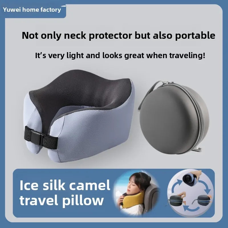 Ice silk U-shaped travel neck pillow airplane pillow neck pillow portable adjustable memory cotton U-shaped pillow.