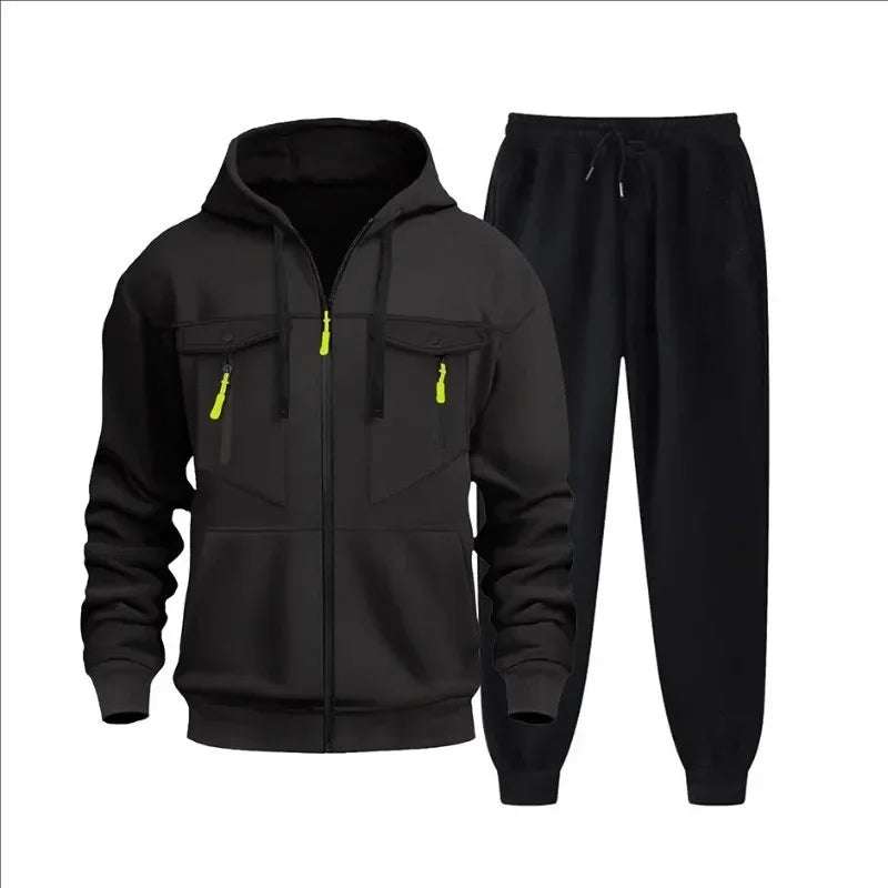 Autumn and winter new men's sweatshirt sport set, fashionable windproof and warm men's zipper hoodie and pants 2-piece set.