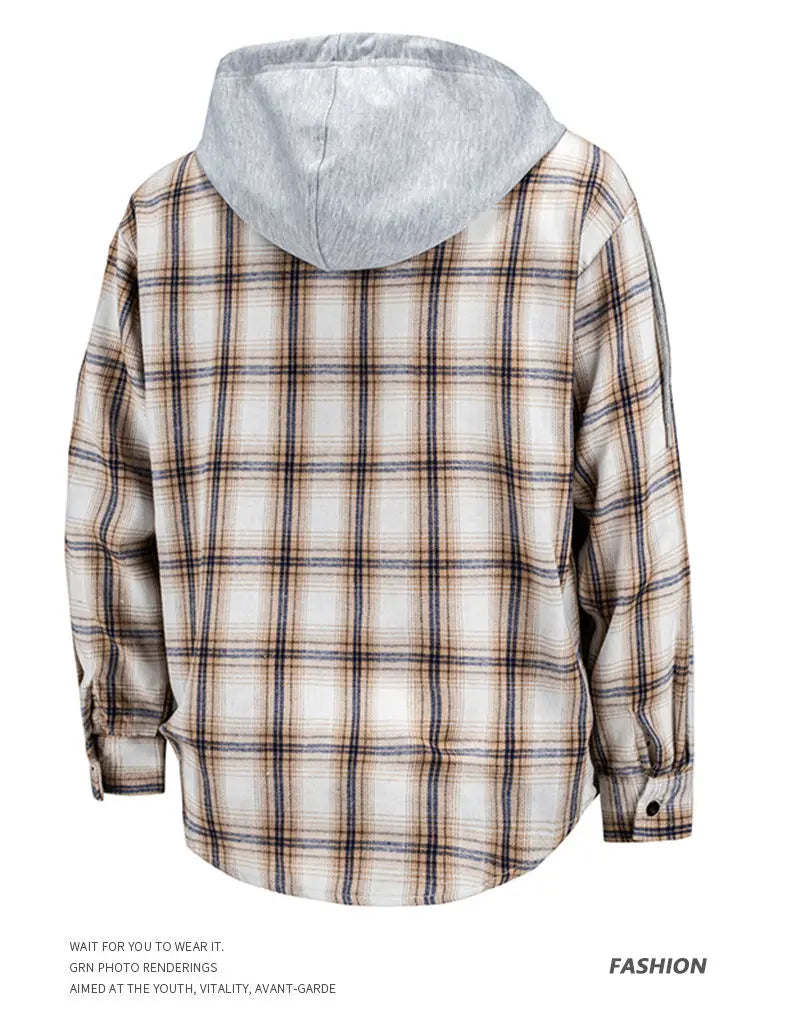 Hooded men's and women's wearable plaid shirts, Japanese shirt jackets for spring and fall, loose-fitting long-sleeve jackets..