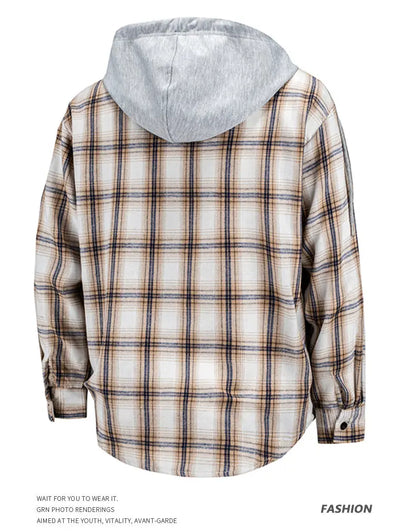 Hooded men's and women's wearable plaid shirts, Japanese shirt jackets for spring and fall, loose-fitting long-sleeve jackets..