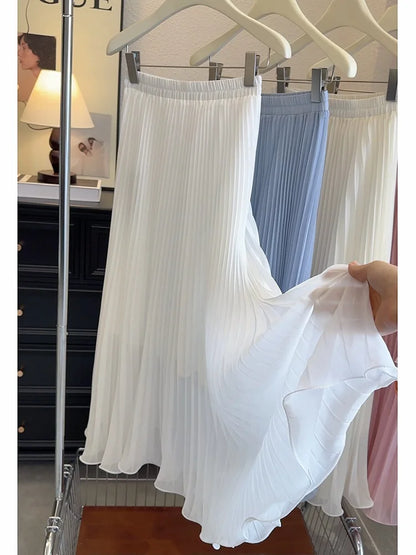 Women's Summer Elegant Pleated Elastic Waist Chiffon Long Skirt Lady High Waist A Line Streetwear Solid Color Skirt.