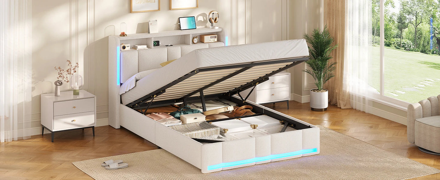 140 x 200 cm großes Polsterbett mit Doppelbettrahmen und LED-Beleuchtung und Ladestation. Kopfteil inklusive schwebendem Bettdesign