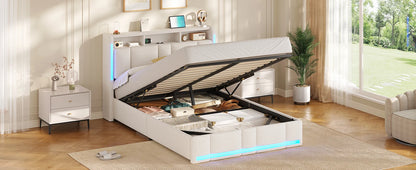 140 x 200 cm großes Polsterbett mit Doppelbettrahmen und LED-Beleuchtung und Ladestation. Kopfteil inklusive schwebendem Bettdesign