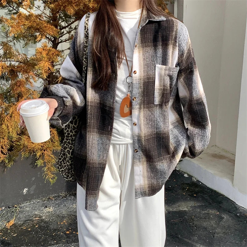 Zjaiss Women Thick Woolen Plaid Blouse Loose Long Sleeved Tops 2025 Autumn Winter New Casual Shirt Long Shirts.