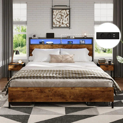 120 x 200 LED-beleuchteter Metallbettrahmen mit Steckdose und USB-Ladefunktion, Holzkopfteil, Stauraumbett B
