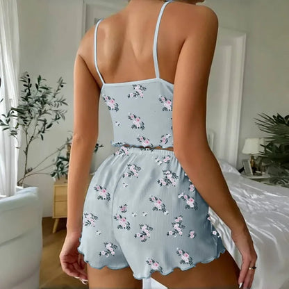 Damen Sexy Pyjamas Herz Wimpern Bedrucktes Pyjama Set V-Ausschnitt Camisole Top Shorts Loungewear