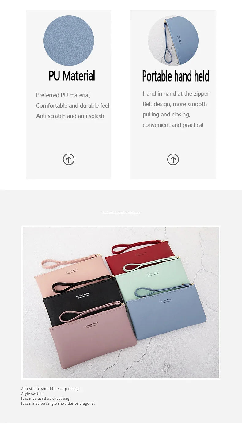 MIYIN Simple and Fashionable Women's Ultra Thin Long Wallet Solid Color PU Leather Zipper Wallet Large Capacity Portable Handbag.