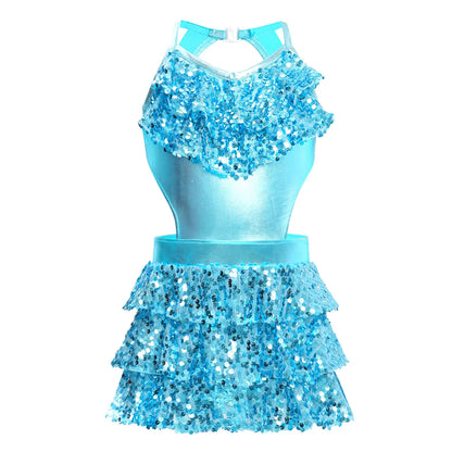 Kinder Mädchen Pailletten Jazz Ballett Tanzkleid Ärmellos Ausschnitt Tiered Rüschen Trikot Salsa Samba Rumba Skating Performance Kostüm