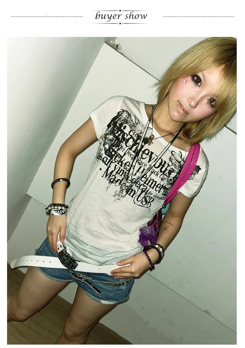 Karrram Japanese Y2k Letter Print T-shirt Trashy 2000s Style Tattoo T Shirt Vintage Harajuku Short Sleeve Sheer Tops Grunge Goth.