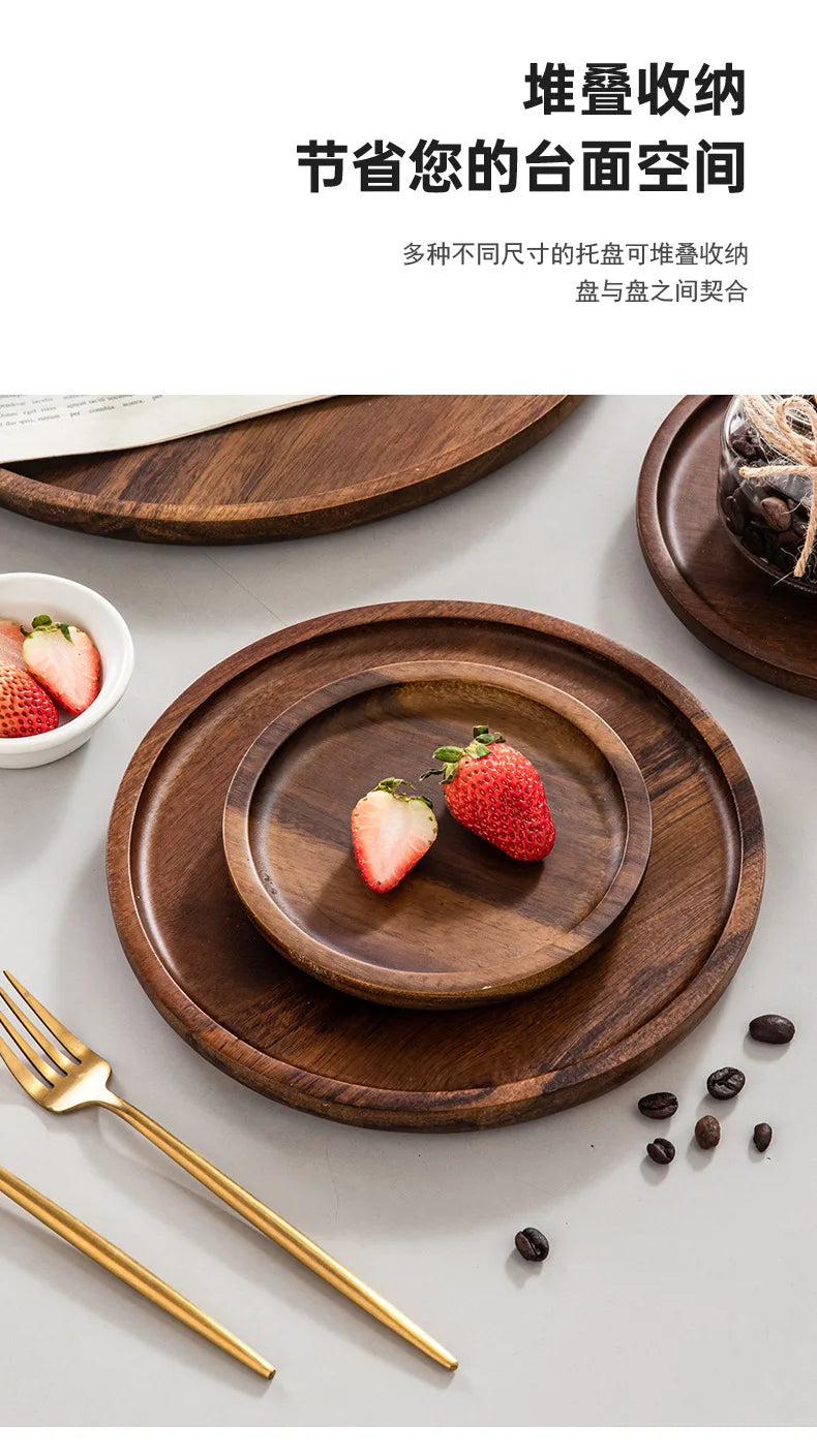 Solid Wood Circular Tray Japanese Style Western Household Tea Dessert Coffee Plate Cross-Border Design.
