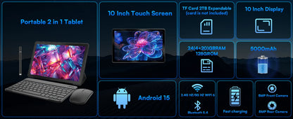 URAO C109L 10 Inch Tablets Android 15 A523 Octa Core Tablet 24GB+128GB 1 TB Expansion WiFi 6 5MP+8MP Camera Keyboard Mouse Set.