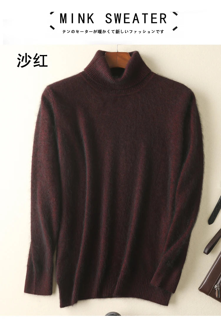Men's 100% pure Mink Knitted Sweater Turtleneck Large Size Casual Pullover Autumn Winter New Base Shirt Men Warm High Lapels Top